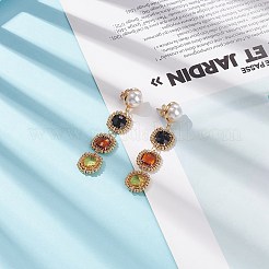 ガラス製の長方形のビーズ ロング ダングル スタッド イヤリング、イミテーション パール  女性のための金メッキ真鍮ボヘミアジュエリー  ゴールデンロッド  60mm  ピン：0.8mm&nbsp;EJEW-TA00141-02