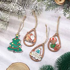 クリスマステーマの木製ティアドロップ/クリスマスツリーペンダントデコレーション  ジュートコード吊り下げ飾り  ミックスカラー  103.5~109mm&nbsp;HJEW-JM02525