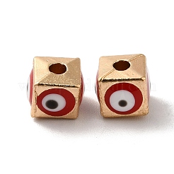 合金エナメルビーズ  ライトゴールド  ナザールボンジュウのある立方体  レッド  5.5x6x6mm  穴：1.8mm&nbsp;ENAM-D049-01KCG-03
