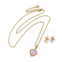 Clear Cubic Zirconia Heart with Acrylic Tree Pendant Necklace & Diamond Stud Earrings&nbsp;SJEW-M099-03G