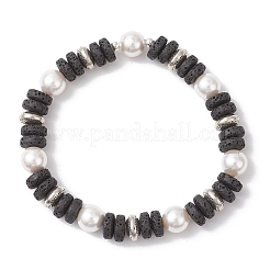 Flat Round Natural Lava Rock & Shell Pearl Beaded Stretch Bracelets for Women&nbsp;BJEW-JB12140-01