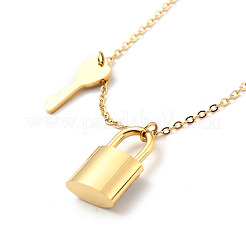 天然シェル南京錠とキー ペンダント ネックレス  イオンプレーティング（IP）304ステンレススチール製女性用ジュエリー  ゴールドカラー  18.23インチ（46.3cm）&nbsp;NJEW-P229-15G