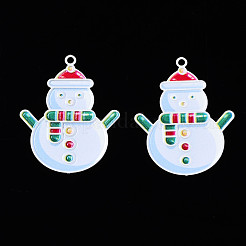 スプレープリント真鍮製ペンダント  プリント付き  クリスマス雪だるま  ホワイト  35x27.5x0.4mm  穴：1.8mm&nbsp;KK-Q281-014