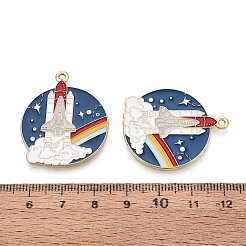合金エナメルチャーム  フラットラウンドとロケット  ライトゴールド  スチールブルー  33.5x28x1.2mm  穴：1.5mm&nbsp;ENAM-T021-76A-G