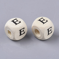 プリント天然木ビーズ  水平穴  頭文字を持つキューブ  パパイヤホイップ  文字.e  10x10x10mm  穴：3.5mm&nbsp;X-WOOD-T026-001E