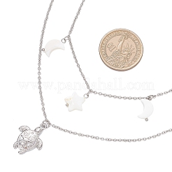 304ステンレススチール製ウミガメ＆天然淡水貝殻スターペンダント ダブルレイヤーネックレス（女性用）  ホワイト  ステンレス鋼色  15.63インチ（39.7cm）&nbsp;NJEW-JN05403