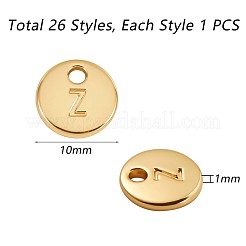 26個の合金ペンダント  文字a~z付きのフラットラウンド  ゴールドカラー  10mm&nbsp;JX149D