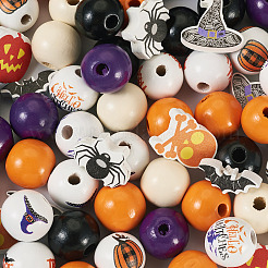 13 スタイルのハロウィーンスプレー塗装天然木ビーズ  混合図形  5mのジュートコード付き  ミックスカラー  ビーズ：8~20x1~20x1~16mm  穴：2~4mm&nbsp;WOOD-TA0001-85