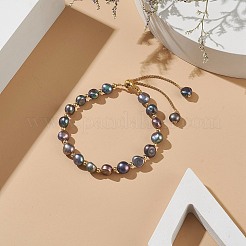 Dyed Natural Pearl & Brass Round Beaded Slider Bracelet&nbsp;BJEW-JB09008-03