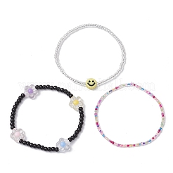 3個 3スタイル ガラス アクリル ビーズ ストレッチ ブレスレット & ガラス シードビーズ ストレッチ ブレスレット セット (女性用)  ミックスカラー  内径：2-1/8~2-1/4インチ（5.4~5.8cm）&nbsp;BJEW-JB11749