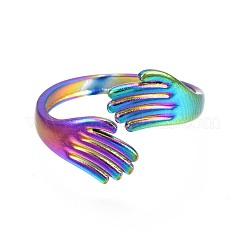 304ステンレススチールハグハンドカフリング  女性のためのレインボーカラーオープンリング  usサイズ5 1/4(15.9mm)&nbsp;RJEW-N038-052