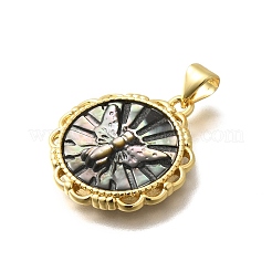 真鍮と天然貝の彫刻ペンダント  ラックめっき  蝶とフラットラウンド  ゴールドカラー  22x19.5x3mm  穴：3x4mm&nbsp;KK-Z091-01G-01