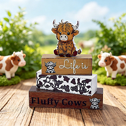4Pcs 4 Styles Highland Cow Wooden Block Sign Set with Tabletop Decor&nbsp;AJEW-WH0912-16