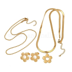 304ステンレススチールフラワーペンダントネックレス＆ボールチェーンネックレス＆スタッドピアスセット（女性用）  ゴールドカラー  16.54インチ（42cm）  18.11インチ（46cm）  20.5x21mm&nbsp;SJEW-F225-04G