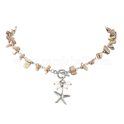 Ocean 304 Stainless Steel Starfish Pendant Natural Freshwater Shell Beaded Chain Necklaces with OT Clasps for Women&nbsp;NJEW-JN06567-02