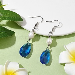 Glass Teardrop & Natural Pearl Dangle Earrings&nbsp;EJEW-JE05725