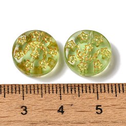 透明なランプワークビーズ  月と星が描かれたフラットラウンド  黄緑  13x5mm  穴：1mm  約70~82個/100g&nbsp;LAMP-P065-04A-12