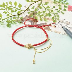 女の子の女性のためのヒョウ＆チェーン真鍮マイクロパヴェキュービックジルコニアブレスレット  調節可能なナイロンコードブレスレット  ゴールドカラー  レッド  内径：2-1/4~3.94インチ（5.6~10cm）&nbsp;BJEW-JB06979