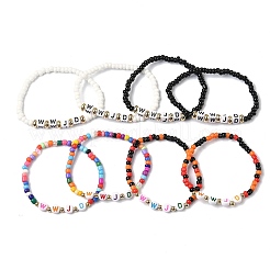 WWJD（イエスならどうする？）アクリル＆CCB＆ガラスビーズストレッチブレスレット  女性用スタッカブルブレスレット  ミックスカラー  内径：2.05インチ（5.2cm）&nbsp;BJEW-K299-01