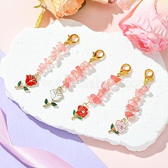 バレンタインデー合金エナメルローズペンダントデコレーション4個  バッグの飾りに使えるチェリークォーツガラスビーズチップとロブスタークロウクラスプチャーム  ミックスカラー  70~73mm&nbsp;HJEW-JM02858