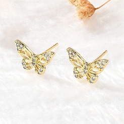 Butterfly Brass Micro Pave Cubic Zirconia Ear Studs&nbsp;EJEW-D304-34G