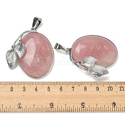 天然石ローズクォーツペンダント  プラチナメッキ合金、リーフ付きオーバルチャーム  45x31x12.5mm  穴：10x5mm&nbsp;G-Z050-05B