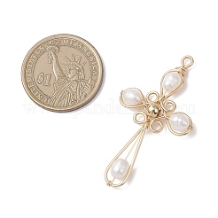 Natural Cultured Freshwater Pearl Copper Wire Wrapped Cross Pendants&nbsp;PALLOY-TA00318