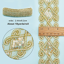 エスニック風刺繍ポリコットンリボン  ガーゼとスパンコール付き  ジャカードリボン  チロリアンリボン  服飾材料  菱形模様  ゴールド  2-1/2インチ（62mm）&nbsp;OCOR-WH0066-34B