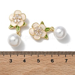 真鍮マイクロパヴェクリアキュービックジルコニアペンダント  花のチャーム  エナメルとプラスチックパール付き  18KGP本金メッキ  31x14x10mm  穴：4x3mm&nbsp;KK-H265-12G