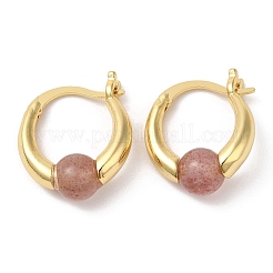 Natural Strawberry Quartz Round Beaded Hoop Earrings&nbsp;EJEW-A099-03G-02
