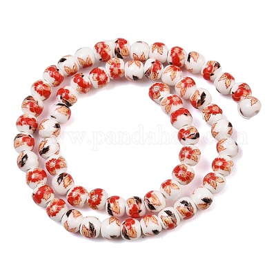 Handmade Flower Printed Porcelain Ceramic Beads Strands&nbsp;PORC-M005-6mm-06-1