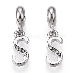 Platinum Rack Plating Alloy Rhinestone European Dangle Charms, Large Hole Pendants, Letter, Cadmium Free & Lead Free, Letter.S, 23~27mm, Hole: 4.5mm, Pendants: 13~16.5x6~14x2mm, hole: 2mm