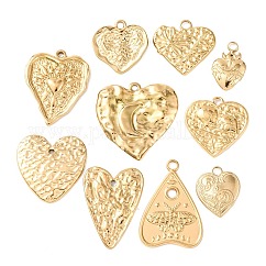 10Pcs 304 Stainless Steel Pendants, Heart Charm, Ion Plating(IP), Real 18K Gold Plated, 16.5~28x11~22x2~3mm, Hole: 1.6~3mm