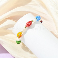 Handmade Millefiori Glass & Natural Cultured Freshwater Pearl Beads Stretch Bracelets for Women&nbsp;BJEW-JB13848