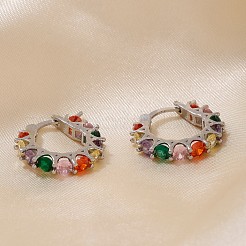 ヴィンテージ カラフル サークル 真鍮 キュービックジルコニア フープ イヤリング  プラチナ  19x3.5mm&nbsp;FK0958