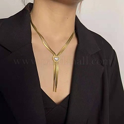 アクリル パール ペンダント ラリアット ネックレス  ゴールデン 304 ステンレススチール ヘリンボーン チェーン ダブルレイヤー ネックレス 女性用  ハート柄  17.13インチ（43.5cm）  ハート：14x16x16mm&nbsp;NJEW-P271-03G-A