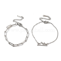 変色しにくい304ステンレススチールペーパークリップチェーンとアズキチェーンブレスレットセット  女性用重ね付け可能なマウンテンリンクブレスレット  ステンレス鋼色  7-1/8インチ（18cm）&nbsp;AJEW-U005-05E-P