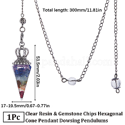 透明樹脂と宝石チップの六角形コーンペンダントダウジング振り子1個  真鍮パーツ  300mm  穴：1.5mm&nbsp;AJEW-SC0002-30