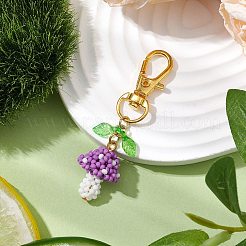 アクリルの葉のペンダント飾りが付いた手作りのガラスの種キノコ  合金製回転式ロブスター クロウ クラスプ バッグ飾り用チャーム  ミディアム蘭  63mm&nbsp;HJEW-MZ00104-04