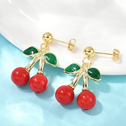 真鍮エナメルダングルスタッドピアス  チェリー  18KGP本金メッキ  32x20mm&nbsp;EJEW-Q036-06G