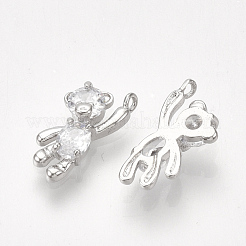 真鍮キュービックジルコニアチャーム  クマ  透明  プラチナメッキ  12x6x3mm  穴：1mm&nbsp;X-KK-T035-117P