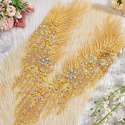 ポリエステル刺繍入り花柄レースのラインストーンの襟  ネックライントリム  洋服縫製アップリケ  プラスチック製の模造パールビーズ付き  ゴールド  570x296x6.5mm&nbsp;DIY-WH0304-901A