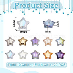 200色電気メッキ透明ガラスビーズ10個。  スター  半分メッキ  ミックスカラー  10x10x5mm  穴：1mm  20個/カラー&nbsp;GLAA-GA0002-25