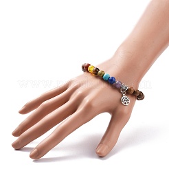 Natural Wood & Gemstone Round Beaded Stretch Bracelet with Alloy Tree Charm&nbsp;BJEW-JB08100
