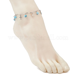 Handmade Evil Eye Lampwork & 304 Stainless Steel Cross Tassel Bar Link Chain Anklets for Women&nbsp;AJEW-AN00741-03