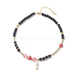 Natural Lava Rock & Gemstone Heart Beaded Necklace&nbsp;NJEW-JN03996