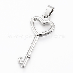 変色しにくい304ステンレススチールペンダント  キー  ステンレス鋼色  36x15x3mm  穴：7x3.5mm&nbsp;STAS-H411-02P