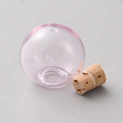 透明なガラス瓶のペンダント、コルク付きの小さな DIY ボトル  ラウンド  ピンク  16x17mm  内径：4.5mm&nbsp;AJEW-WH0258-748C-01