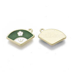 合金チャーム  エナメル  花の扇子  ライトゴールド  グリーン  10x15x1.5mm  穴：1.2mm&nbsp;LS-PALLOY-S177-77B