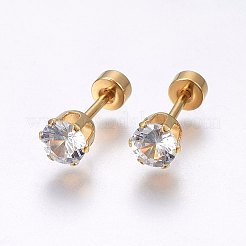 304ステンレススチール製耳たぶプラグ  スクリューバックイヤリング  ガラスラインストーン付き  クリスタル  ゴールドカラー  5mm  ピン：1mm  12のペア/袋&nbsp;EJEW-H362-07G-5mm
